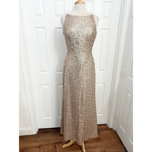 Dessy Collection Elle Rose Gold Strappy Sequined Low Back Long Gown Dress 10 - Picture 1 of 6
